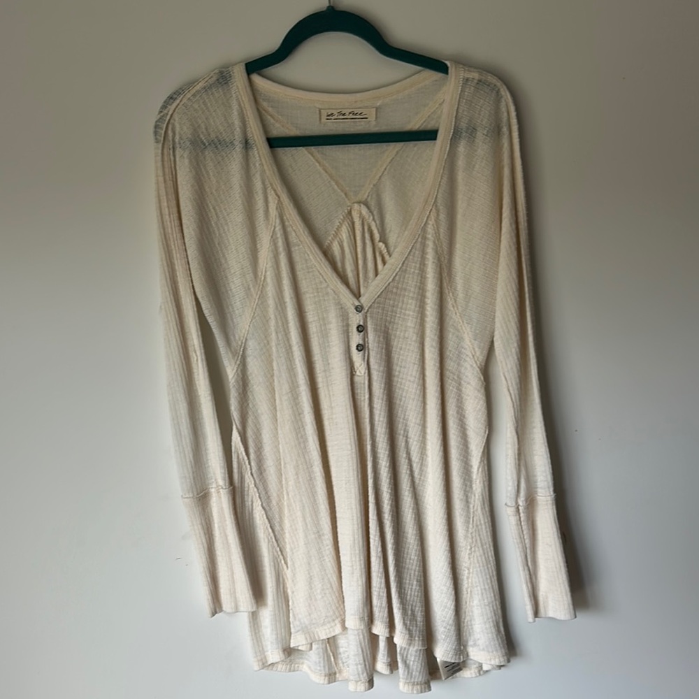 We The Free Womens Cream Citrine High Low Waffle Knit Henley Tunic Top